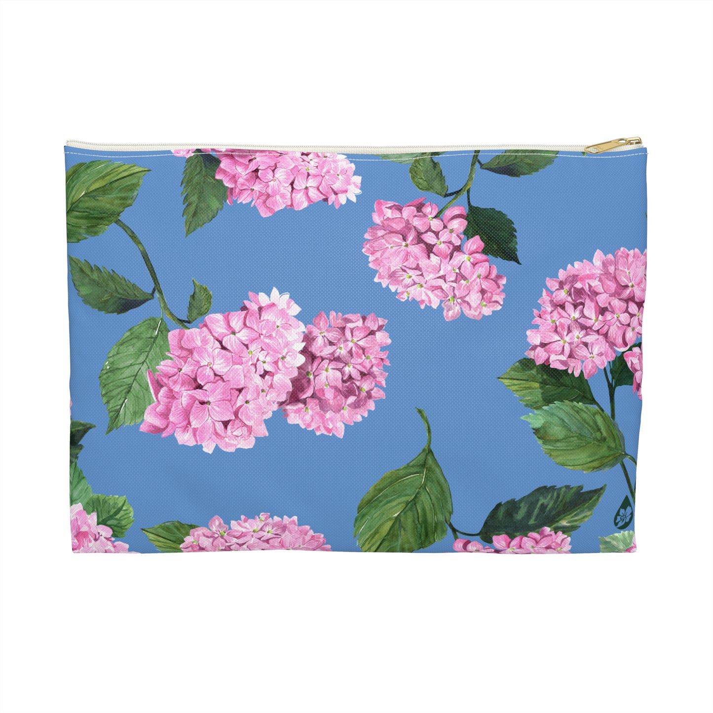 Front view of size Large Hydrangea Travel or makeup pouch in Cloudless Sky Blue