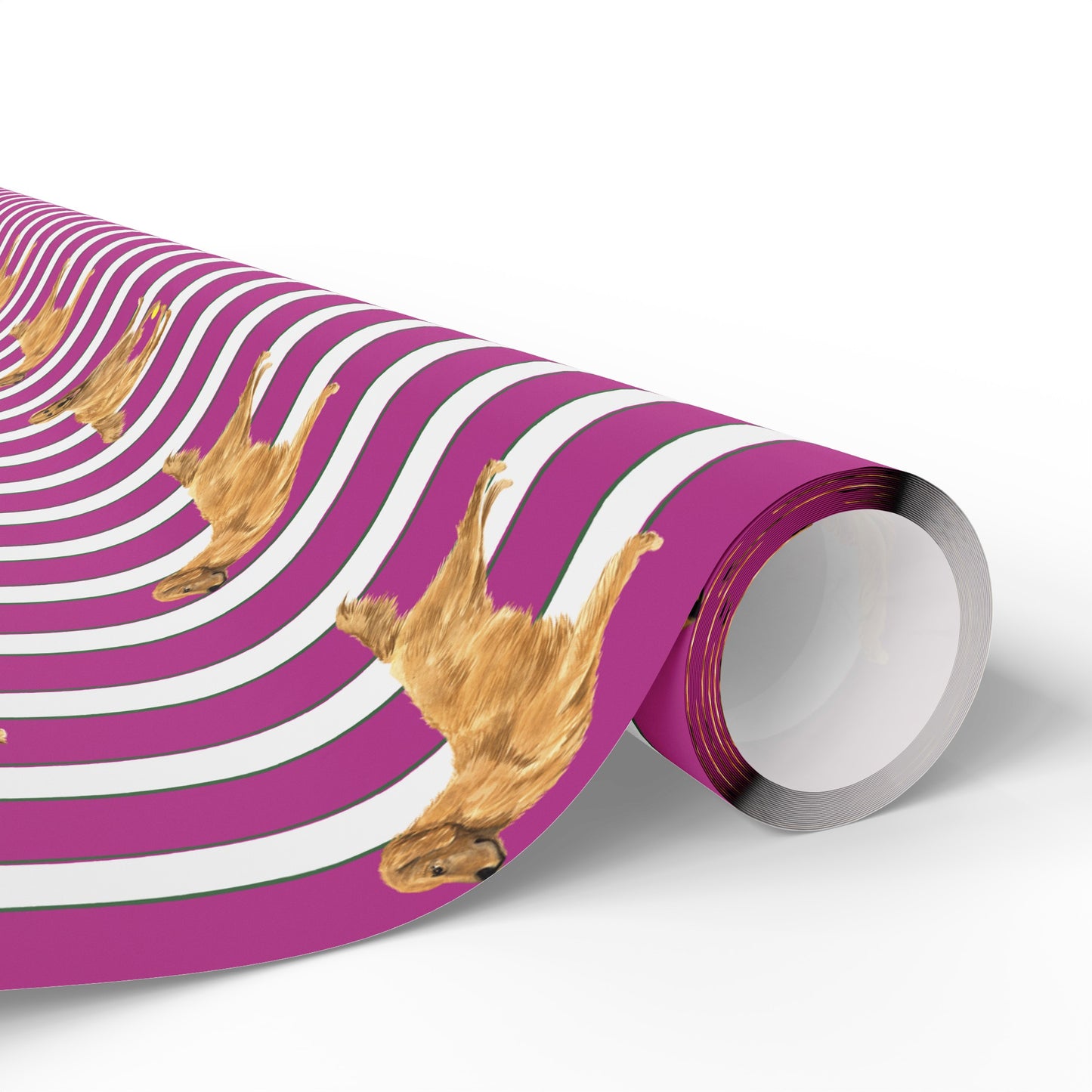 Pink and Green and White striped wrapping paper featuring a dog illustration