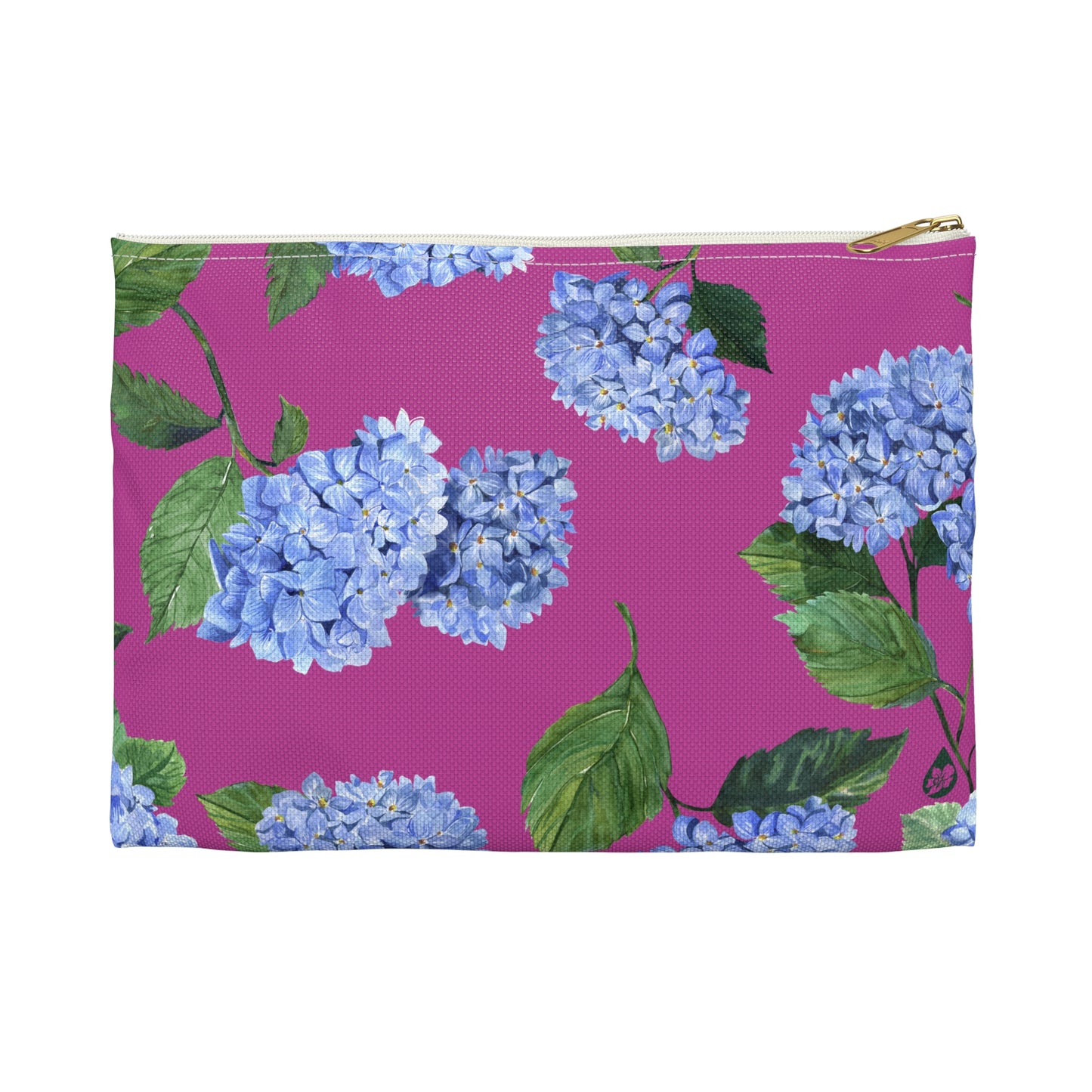 Front view of size large Hydrangea Travel or makeup pouch in Peony Pink