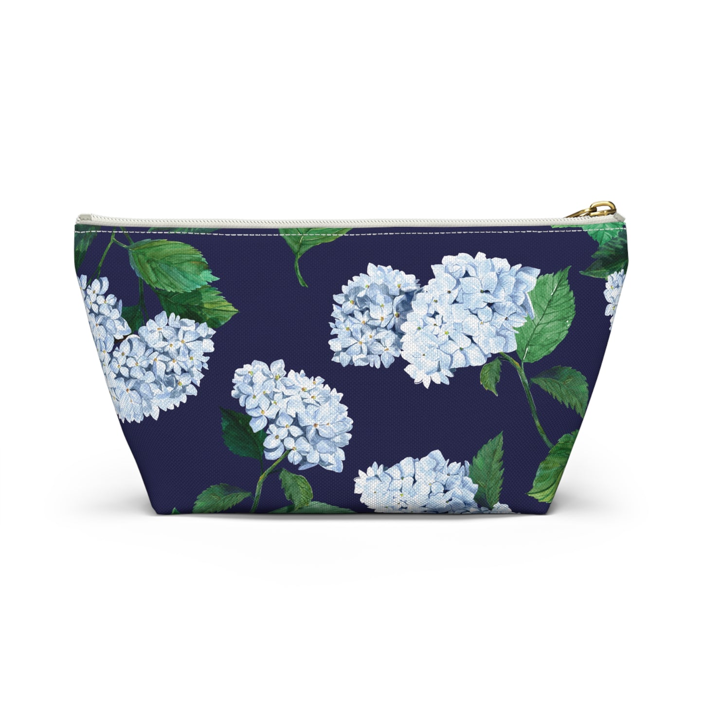 Front view of Hydrangea T-Bottom Travel Pouch in Twilight Navy with white zipper size small