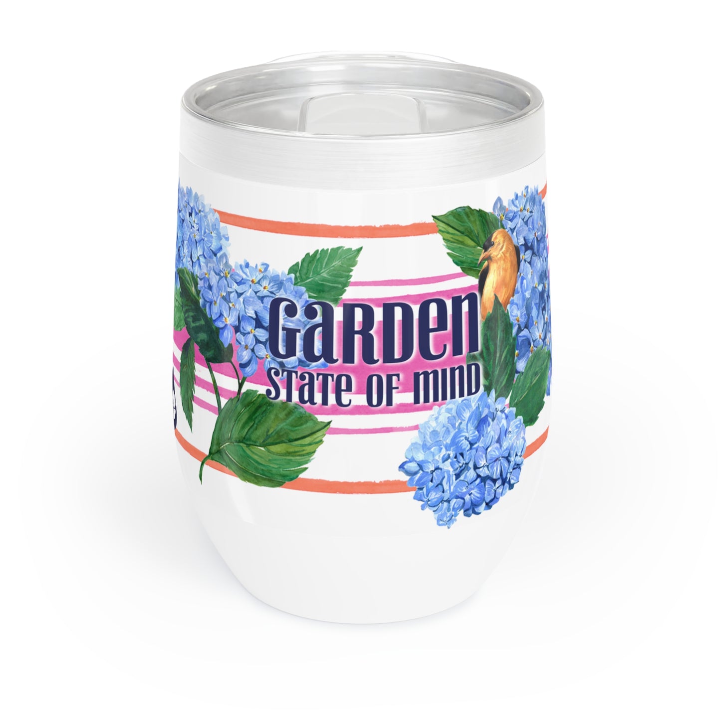 Garden State illustrated wine tumbler with hydrangeas and bird and pink and orange stripe