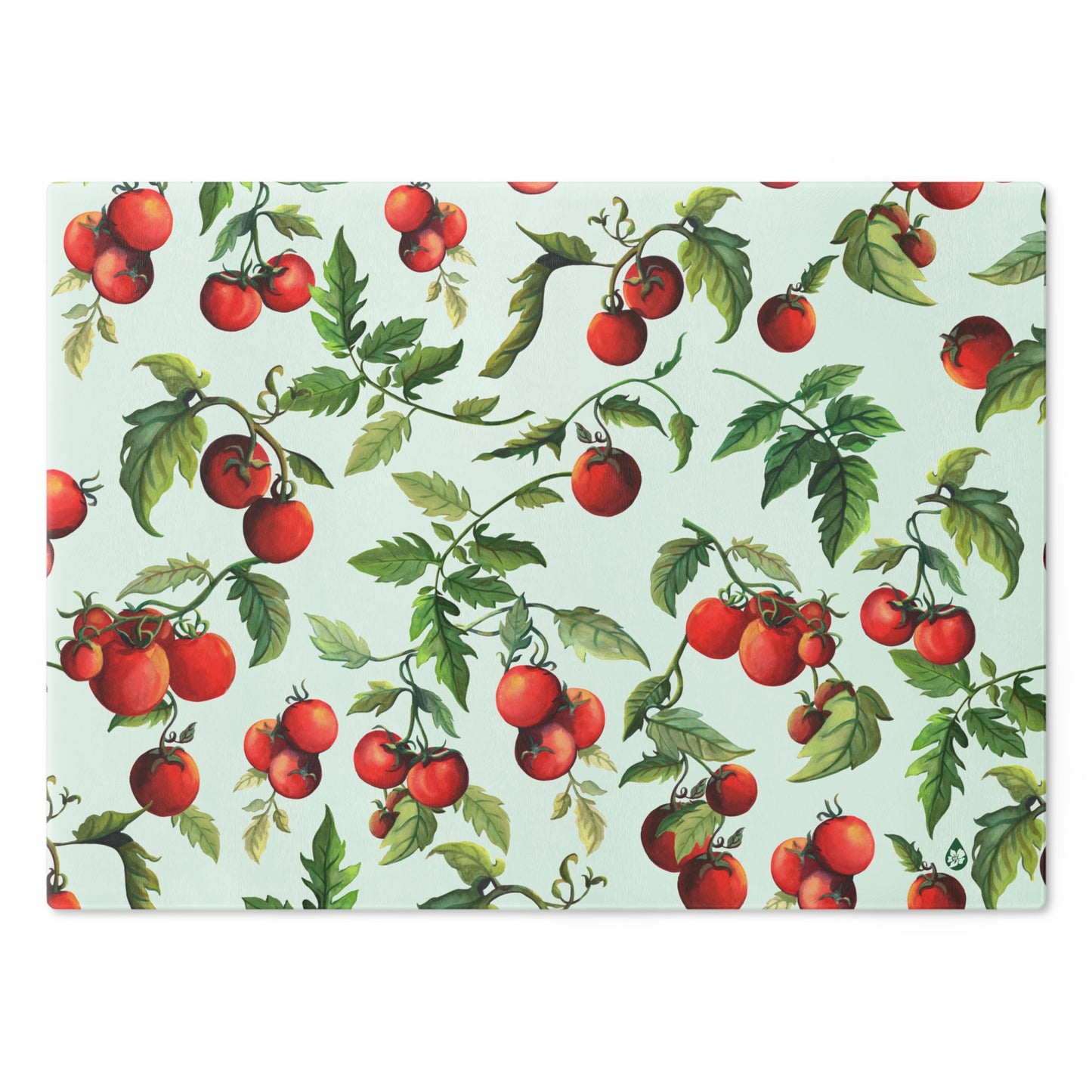 Close up view of Tomato Tomato Tempered Glass Cutting Board