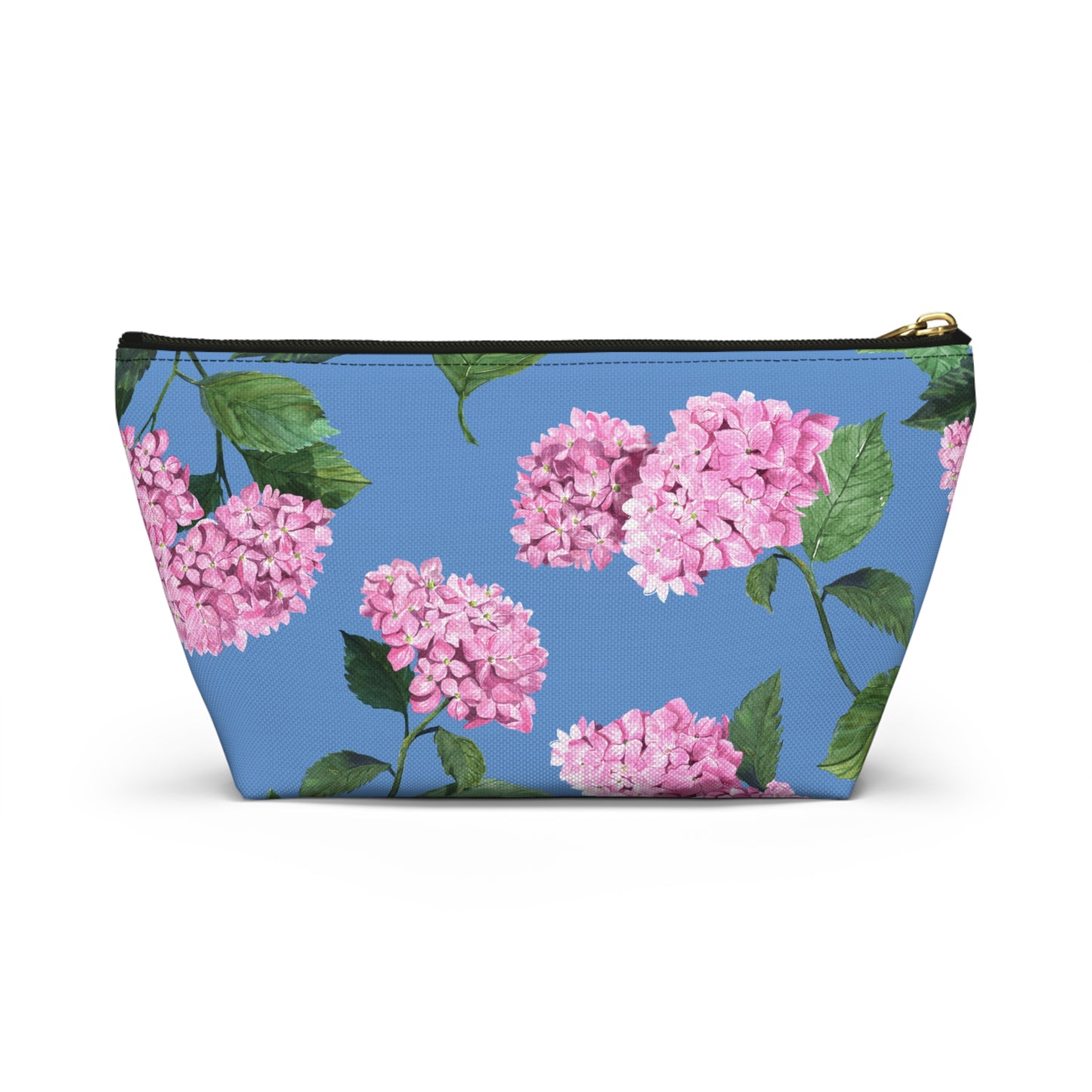 Hydrangea T-Bottom Travel Pouch in Cloudless Blue Sky with black zipper size small