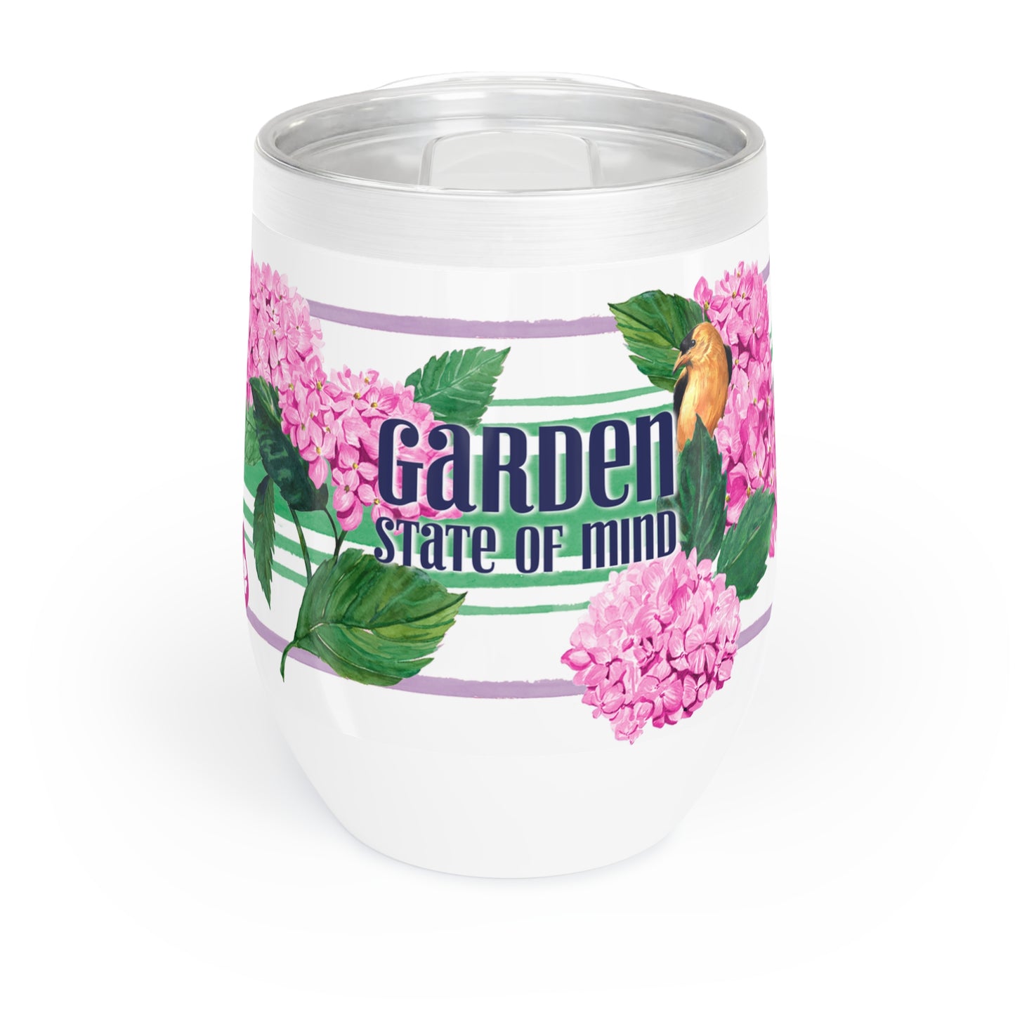 Garden State illustrated wine tumbler with hydrangeas and bird and green and purple stripe next to plastic lid with closure