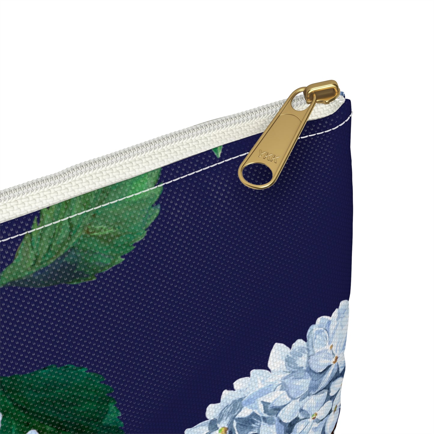 Close up view of zipper on size Large Hydrangea Travel or makeup pouch in Twilight Navy