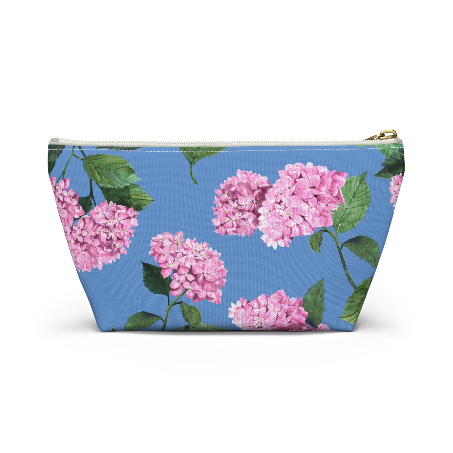 Hydrangea T-Bottom Travel Pouch in Cloudless Blue Sky with white zipper size small
