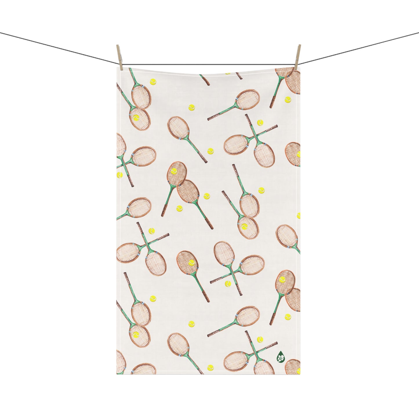 Match Point Patterned Kitchen Towel Hanging on drying line in Tennis Grass Green Colorway