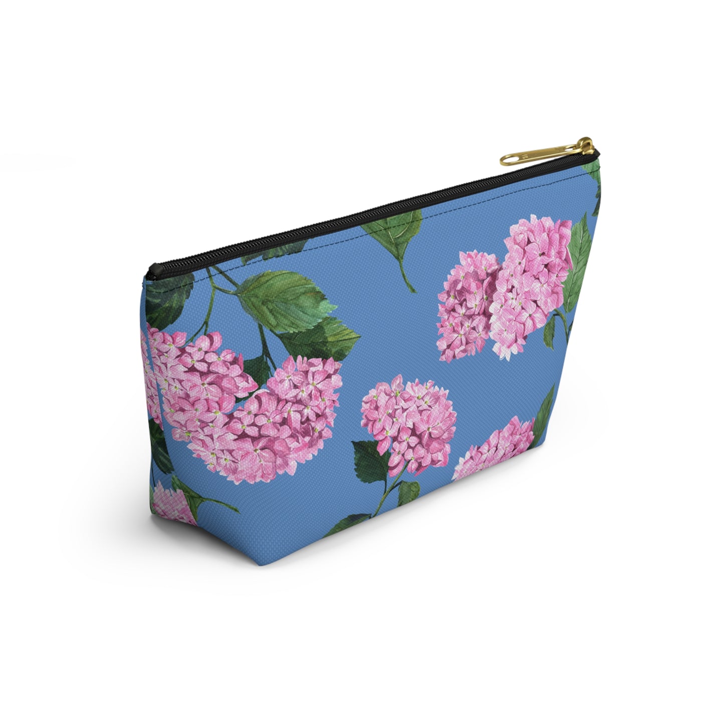 Angled View of Hydrangea T-Bottom Travel Pouch in Cloudless Blue Sky with black zipper size small