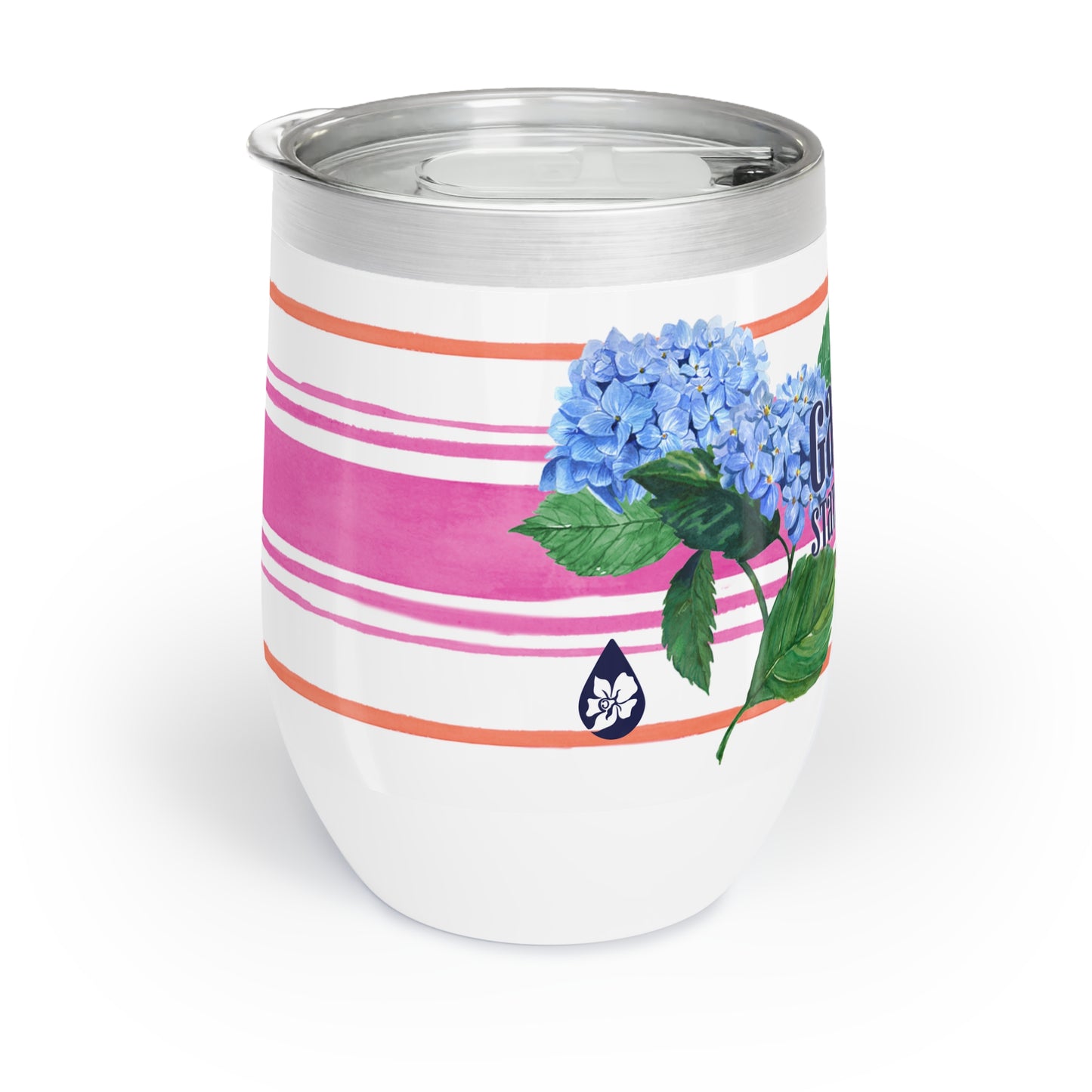 back view Garden State illustrated wine tumbler with hydrangeas and bird and pink and orange stripe