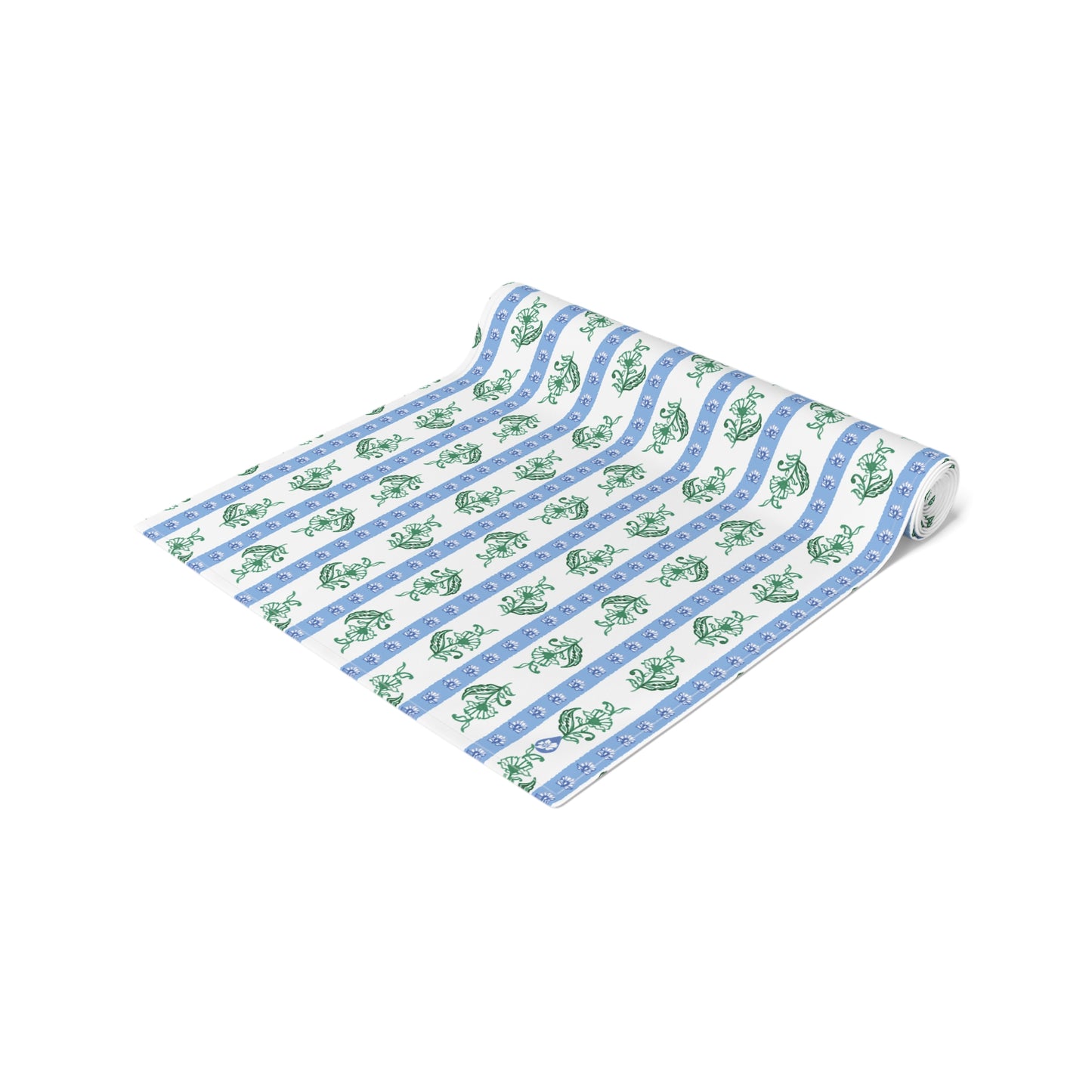 Watercolor Woodblock Striped Patterned Table Runner Rolled in Cloudless and Tennis Grass
