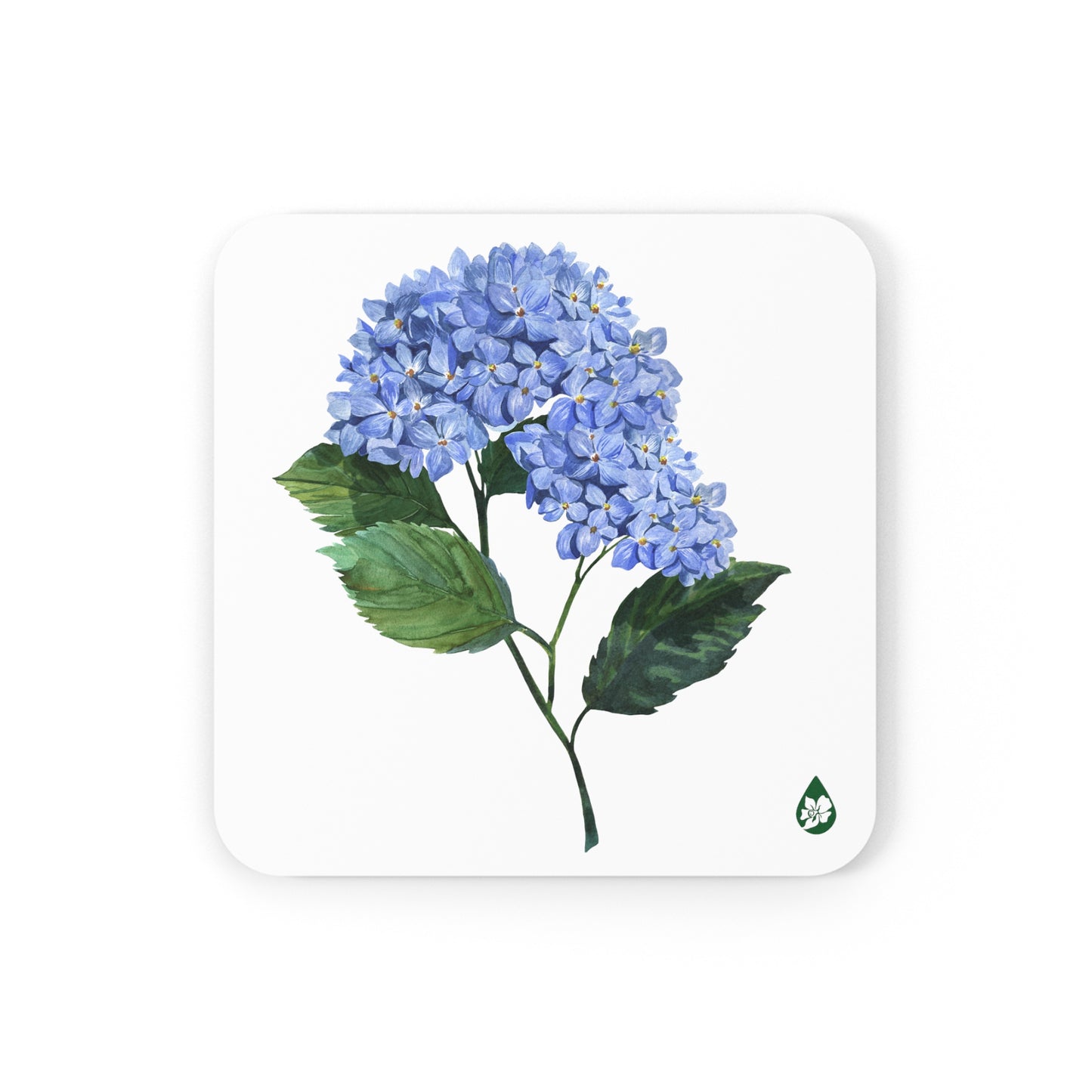 Pigment and Petal Studios hand illustrated Hydrangea Flower in blues with green leaves