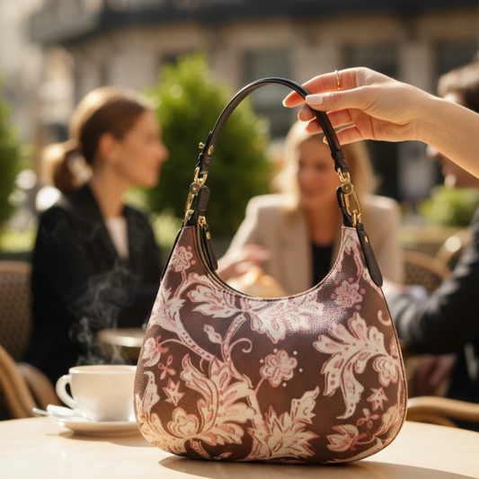 Person holding a patterned handbag over a table with people in the background