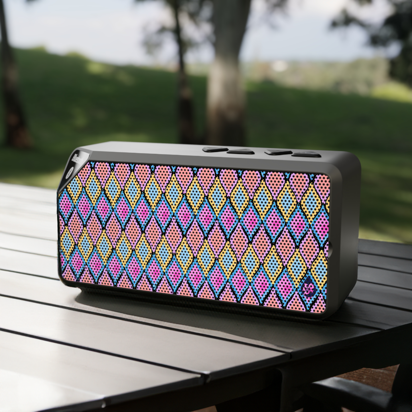 Painted Geo Bluetooth Speaker on Picnic table with field in distance