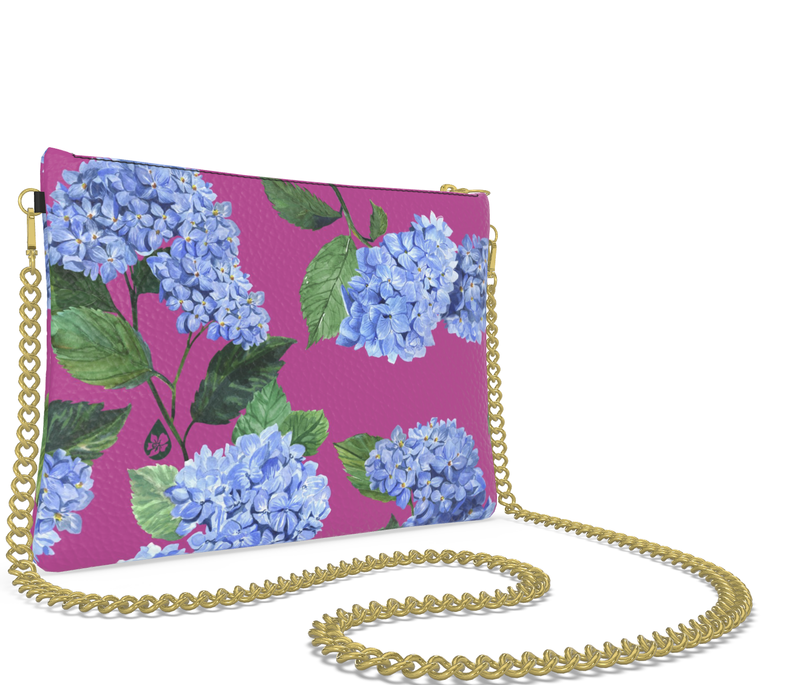 Pigment and Petal Pink Leather Gold Chain Strap Purse with Pink Hydrangea Print