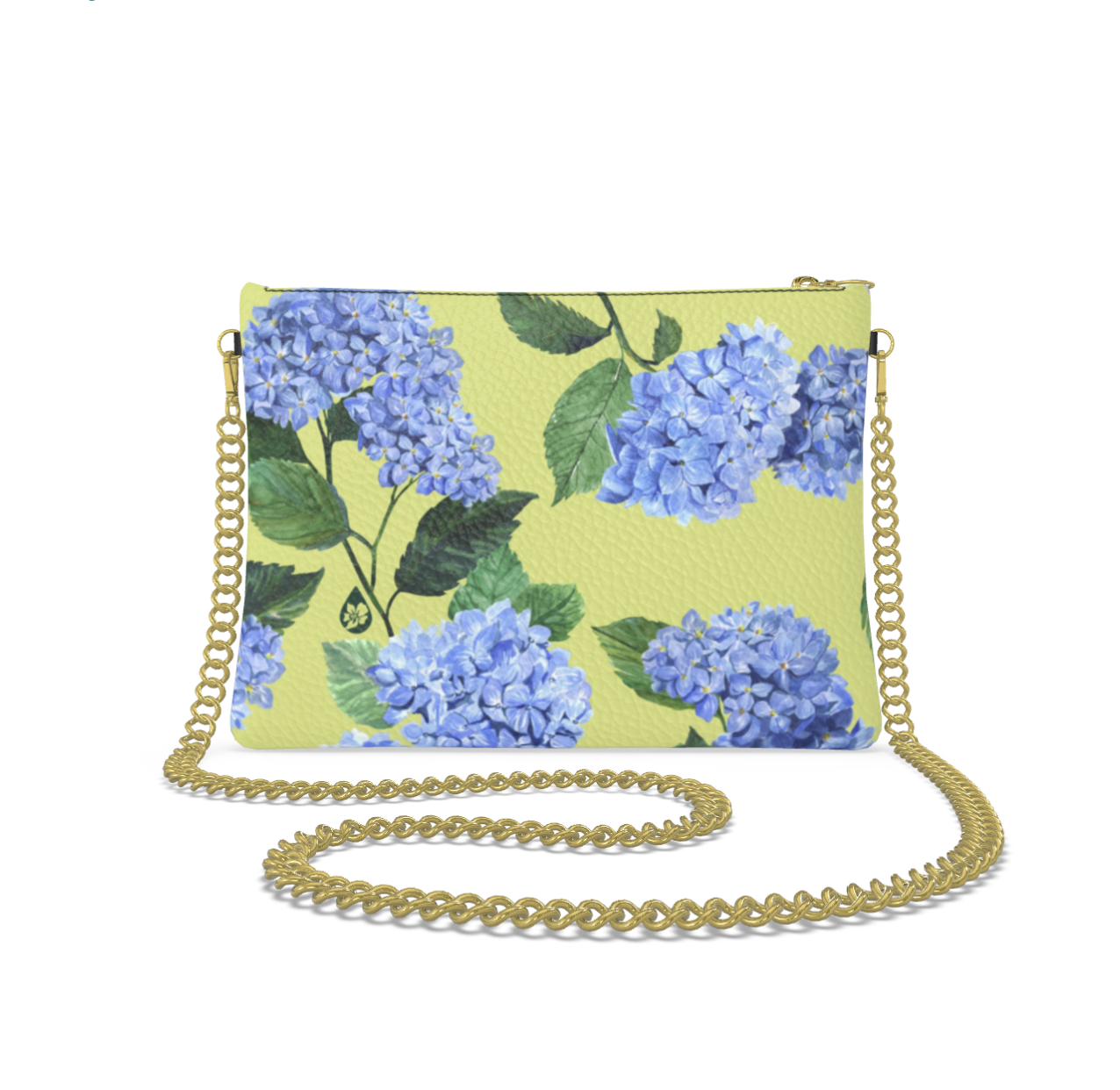 Pigment and Petal Pink Leather Gold Chain Strap Purse with Honeydew Hydrangea Print
