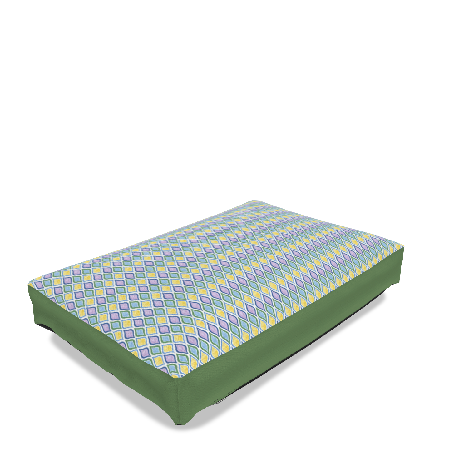 Side view of painted geo printed dog bed in cool color tones
