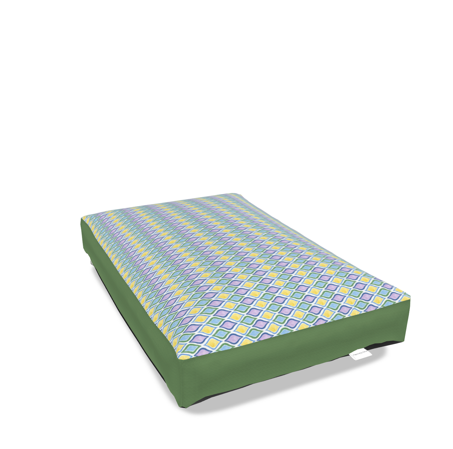 Side view of painted geo printed dog bed in cool color tones