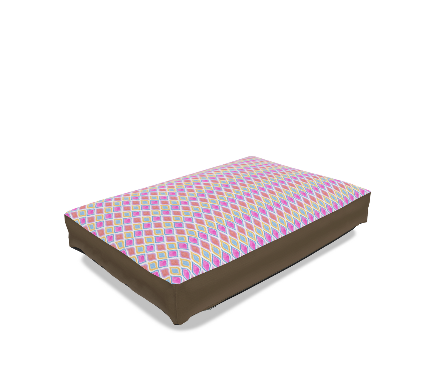 Side view of painted geo printed dog bed in warm color tones