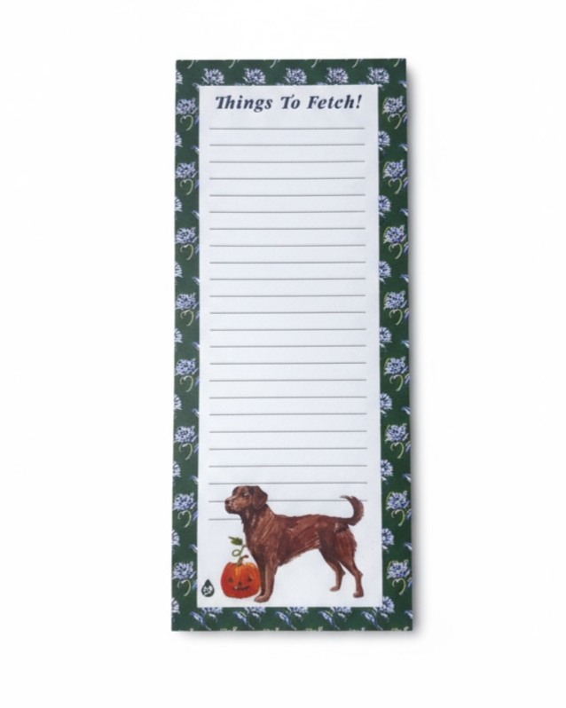 Notepad with a dog illustration and 'Things To Fetch!' text on a white background
