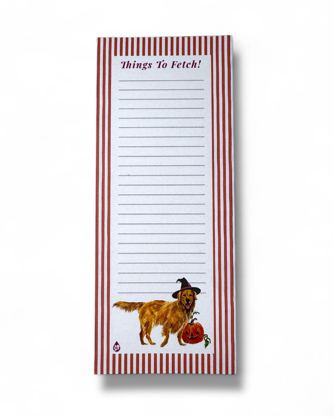 Notepad with a dog and pumpkin design on a red and white striped border
