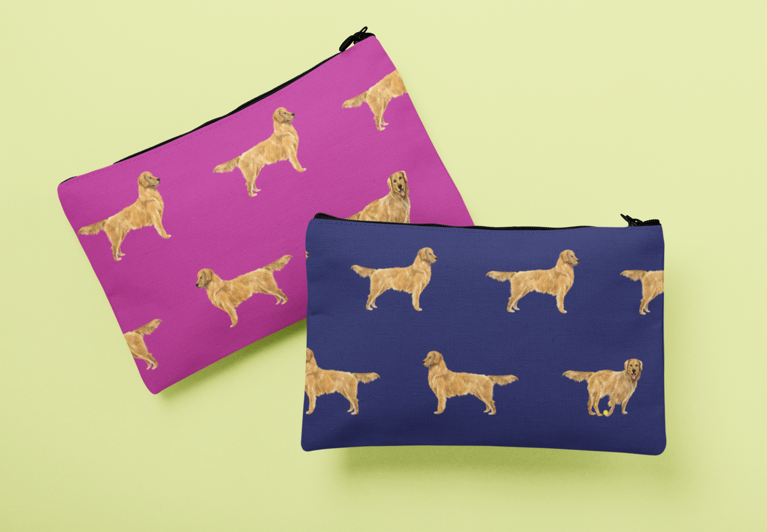Two Hydrangea patterned zip travel pouches in twilight navy and honeydew colorways