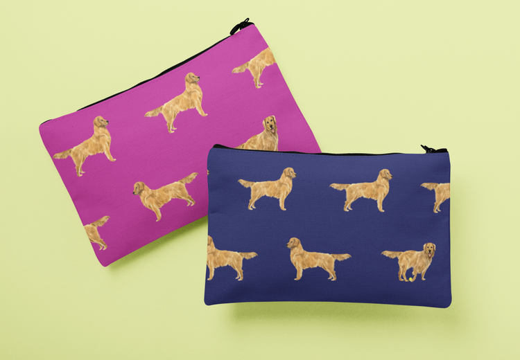 Two Hydrangea patterned zip travel pouches in twilight navy and honeydew colorways