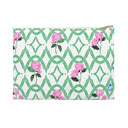 Small Botanical Trellis patterned pouch in Tennis Grass Green with Pink Hydrangeas