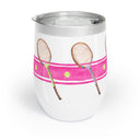Stainless Steel Wine Tumbler and Illustrated with Pink stripe and tennis racquets with the phrase "Serve It Up"