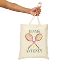 Hand holding straps to Natural Tennis Anyone Tote Bag with Pink Racquets