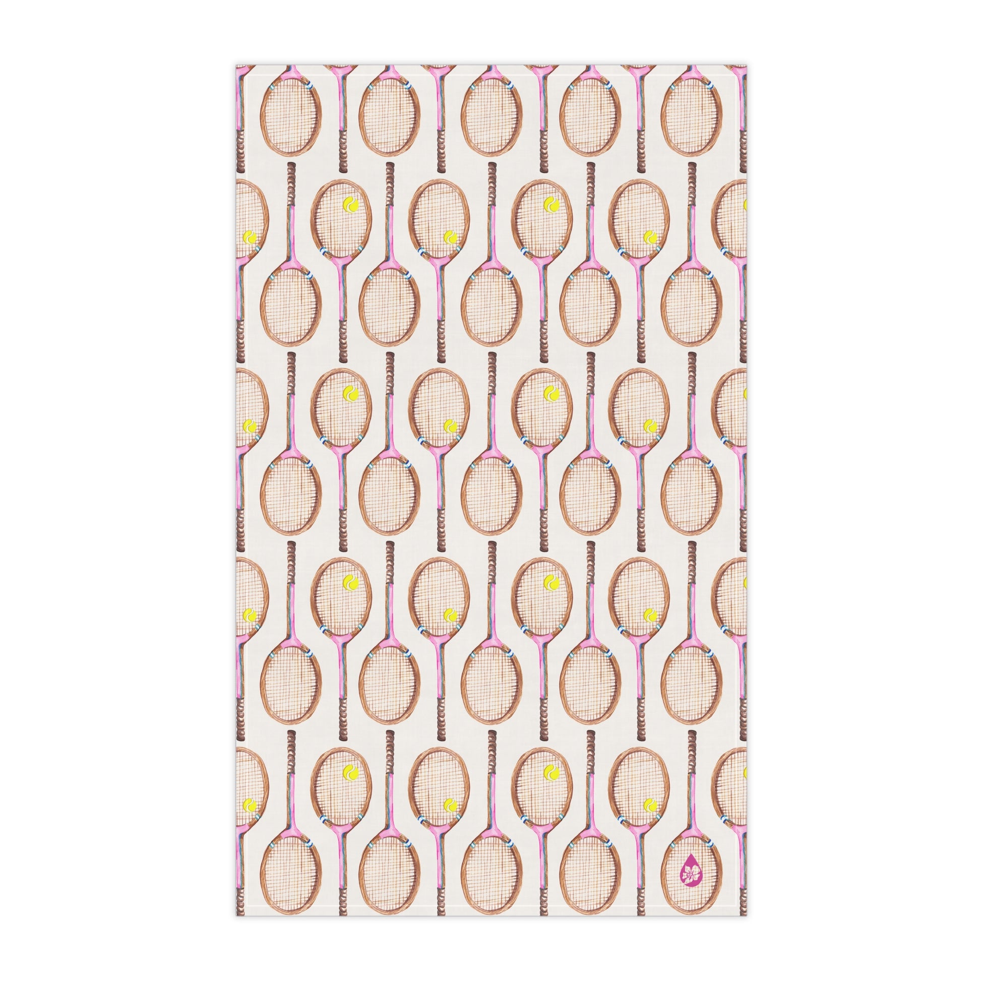 Front flat view of Topspin Tennis print kitchen towel in Pink