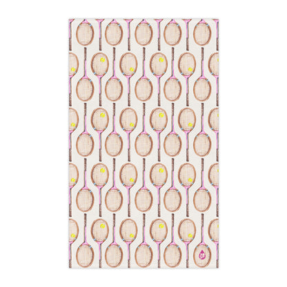 Front flat view of Topspin Tennis print kitchen towel in Pink