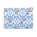 Front View of Size Small Botanical Trellis patterned pouch in Cloudless Sky Blue with Pink Hydrangeas