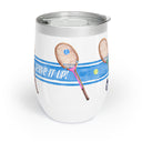 Stainless Steel wine tumbler Illustrated with bright blue stripe and tennis racquets with the phrase "Serve It Up"