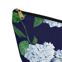 Zoomed view of Hydrangea T-Bottom Travel Pouch in Twilight Navy with black zipper size small
