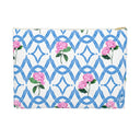 Front View of Size Large Botanical Trellis patterned pouch in Cloudless Sky Blue with Pink Hydrangeas