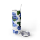 Hydrangea Tumbler with clear lid lying next to tumbler and white straw