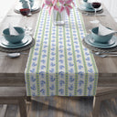 Watercolor Woodblock Striped Patterned Table Runner UnRolled on set dining table in 16x72 in Cloudless and Honeydew