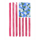 Liberty Print as flat print resembles flag with red painted stripes and annabelle hydrangeas instead of stars