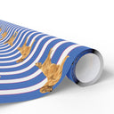 Blue and pink striped wrapping paper featuring a dog illustration