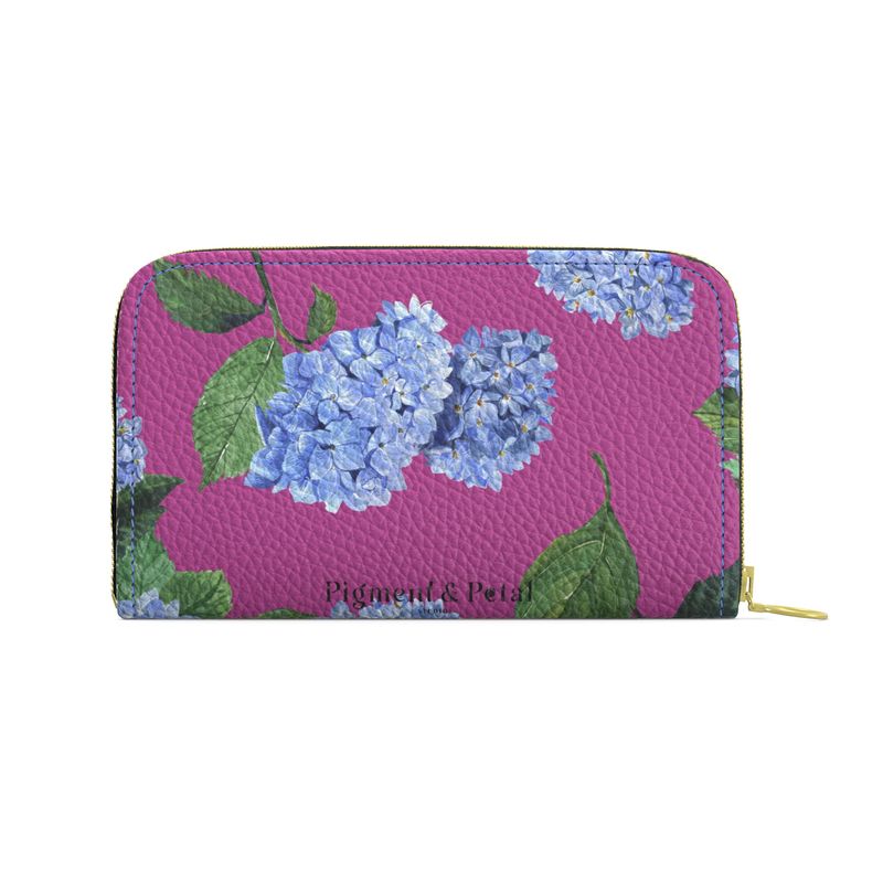 Hydrangea Patterned Leather Zip Wallet