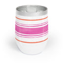side view Garden State illustrated wine tumbler with hydrangeas and bird and pink and orange stripe