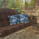 Hydrangea Patterned Outdoor Pillows in  Cloudless on Porch Swing