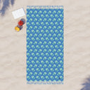 Top Flat View of Watercolor Woodblock Beach Towel with Tassels On beach with bowls of fruit in Cloudless Color Option