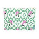 Front View of Size Large Botanical Trellis patterned pouch in Tennis Grass Green with Pink Hydrangeas