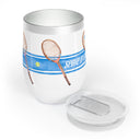 Stainless Steel wine tumbler Illustrated with bright blue stripe and tennis racquets with the phrase "Serve It Up"