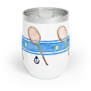 Stainless Steel wine tumbler Illustrated with bright blue stripe and tennis racquets with the phrase "Serve It Up"