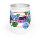 Garden State illustrated wine tumbler with hydrangeas and bird and pink and orange stripe 