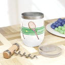 Stainless Steel Wine Tumbler and Illustrated with green stripe and tennis racquets with the phrase "Serve It Up"