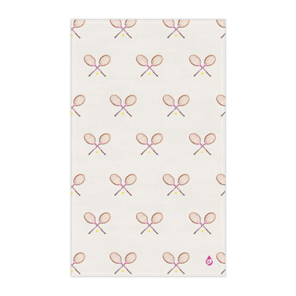 front flat view of Grass courts kitchen towel  in Peony Pink Racquets
