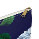 Close up view of zipper on size Large Hydrangea Travel or makeup pouch in Twilight Navy
